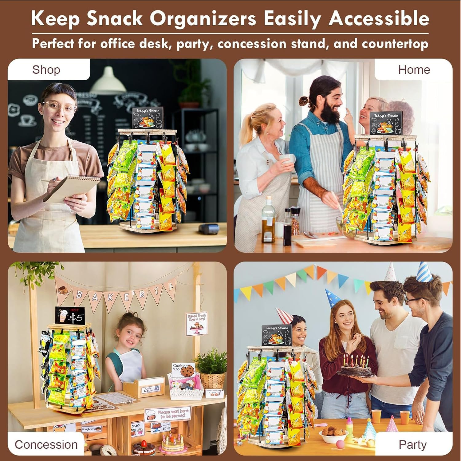  Présentoir à Snacks - Support À Chips Organisateur Avec Porte-Étiquettes - 5 Niveaux 40 Pinces Plateau Tournant 360° Avec Tableau D'Affichage Pour Organisation De Cuisine Et Garde-Manger