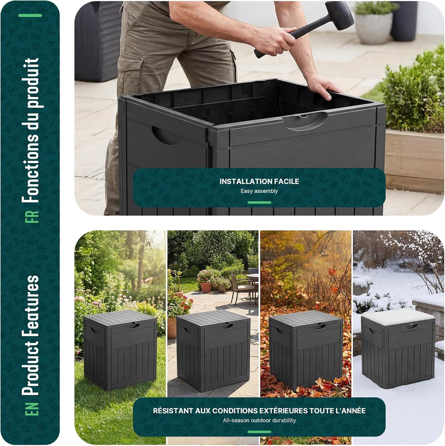  Vounot® Coffre De Rangement Extérieur 126L Boîte De Jardin Étanche Anti UV Couvercle Verrouillable Avec Poignées Encastrées 56 X 43 X 53 Cm Pour Jardin Terrasse Balcon Piscine Effet Bois Noir