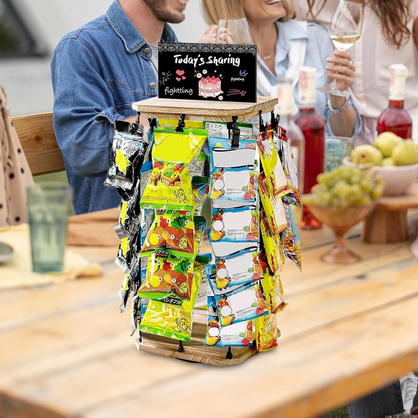  Présentoir à Snacks - Support À Chips Organisateur Avec Porte-Étiquettes - 5 Niveaux 40 Pinces Plateau Tournant 360° Avec Tableau D'Affichage Pour Organisation De Cuisine Et Garde-Manger