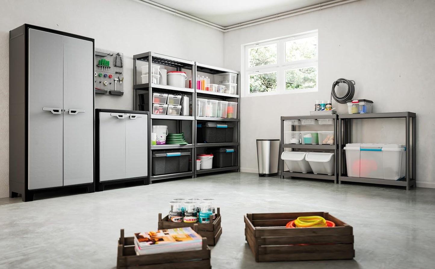  Keter Armoire Haute Titan - Armoire De Rangement En Résine - Étagères Modulables, Pieds Réglables, Charnières Métalliques - Cuisine, Garage, Atelier, Placard - 80 X 44 X 182cm - Noir/Gris