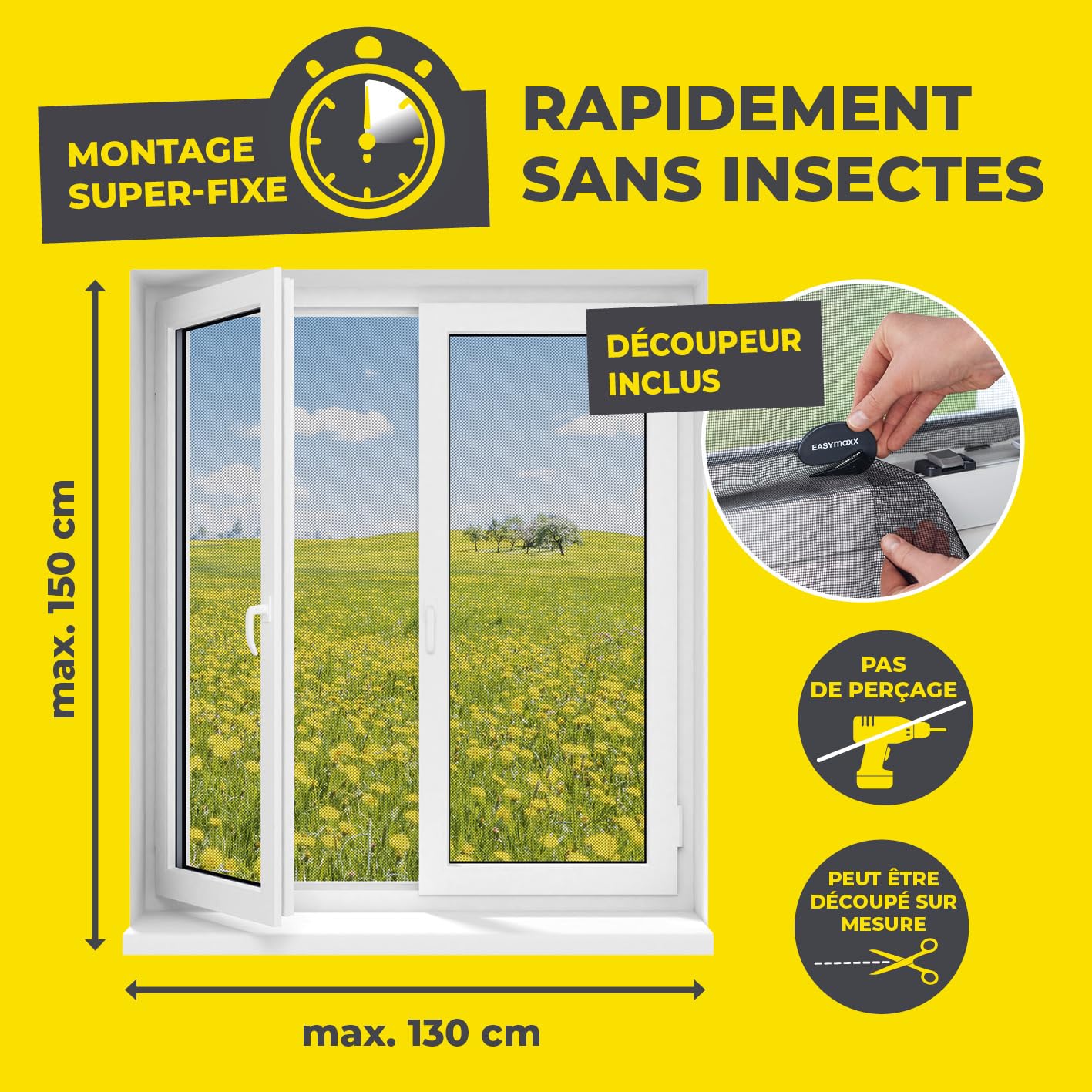  EASYmaxx Moustiquaire Pour Fenêtre Avec Bande Auto-agrippante | Découpable Jusqu’à 130 X 150 Cm | Montage Facile – Sans Percer Ni Visser | Filet Anti-insectes Autocollant - 1 Pièce [Noir]