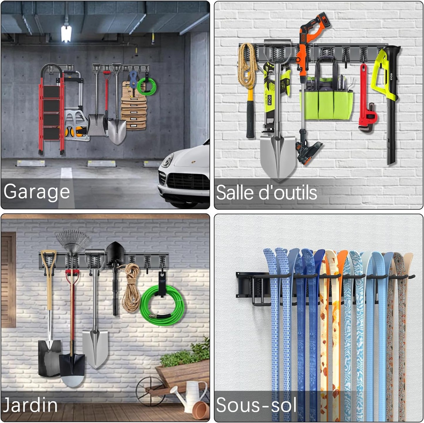  3-H Porte Outils Mural Jardin 120cm, Range Outils De Jardin En Acier Carbone Avec 3 Rails & 10 Crochets De Garage Réglables & 4 Crochets S & 4 Sangles | Support Mural Modulable Pour Ski Balai Râteau