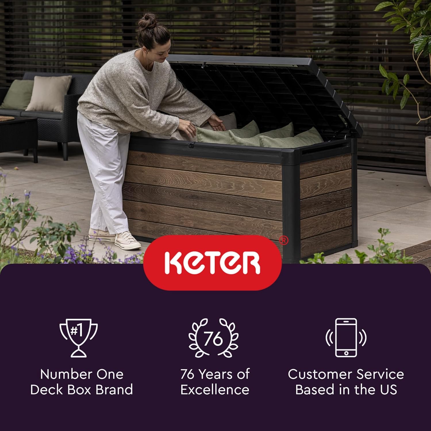  Keter Kentwood Boîte De Terrasse En Résine De 157 Litres - Organisation Et Rangement Pour Coussins De Terrasse, Coussins Décoratifs Et Outils De Jardin, Gris Foncé