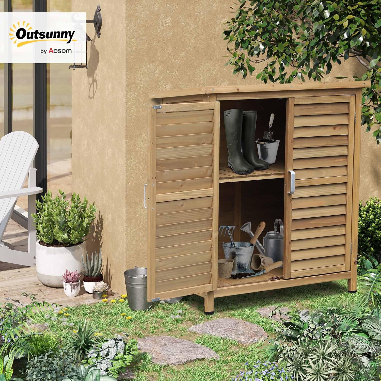  Outsunny Armoire De Jardin Abri Jardin Remise Pour Outils Sur Pied Dim. 87L X 46,5l X 96,5H Cm étagère Portes Persiennes Toit Bitumé Jaune
