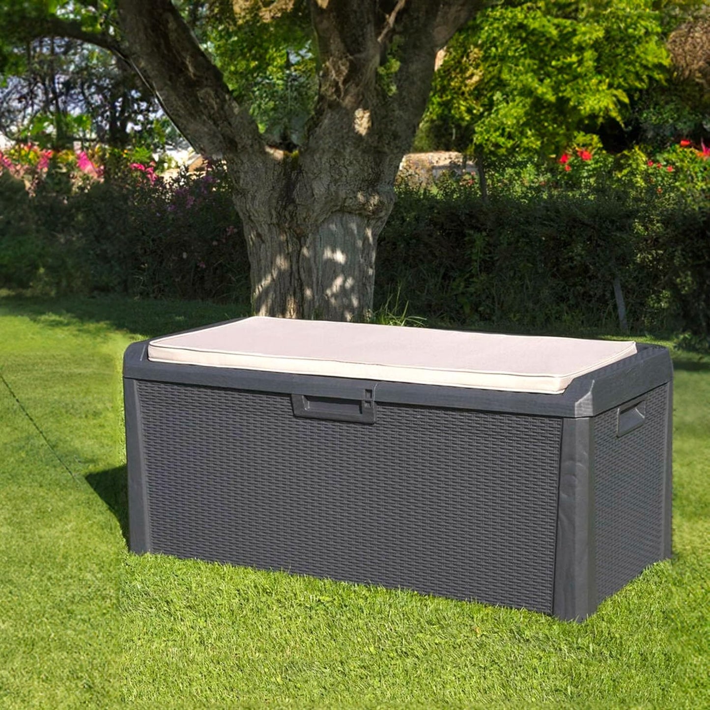  Avilia Coffre De Rangement Avec Assise Et Coussin D'extérieur 340L - Anthracite