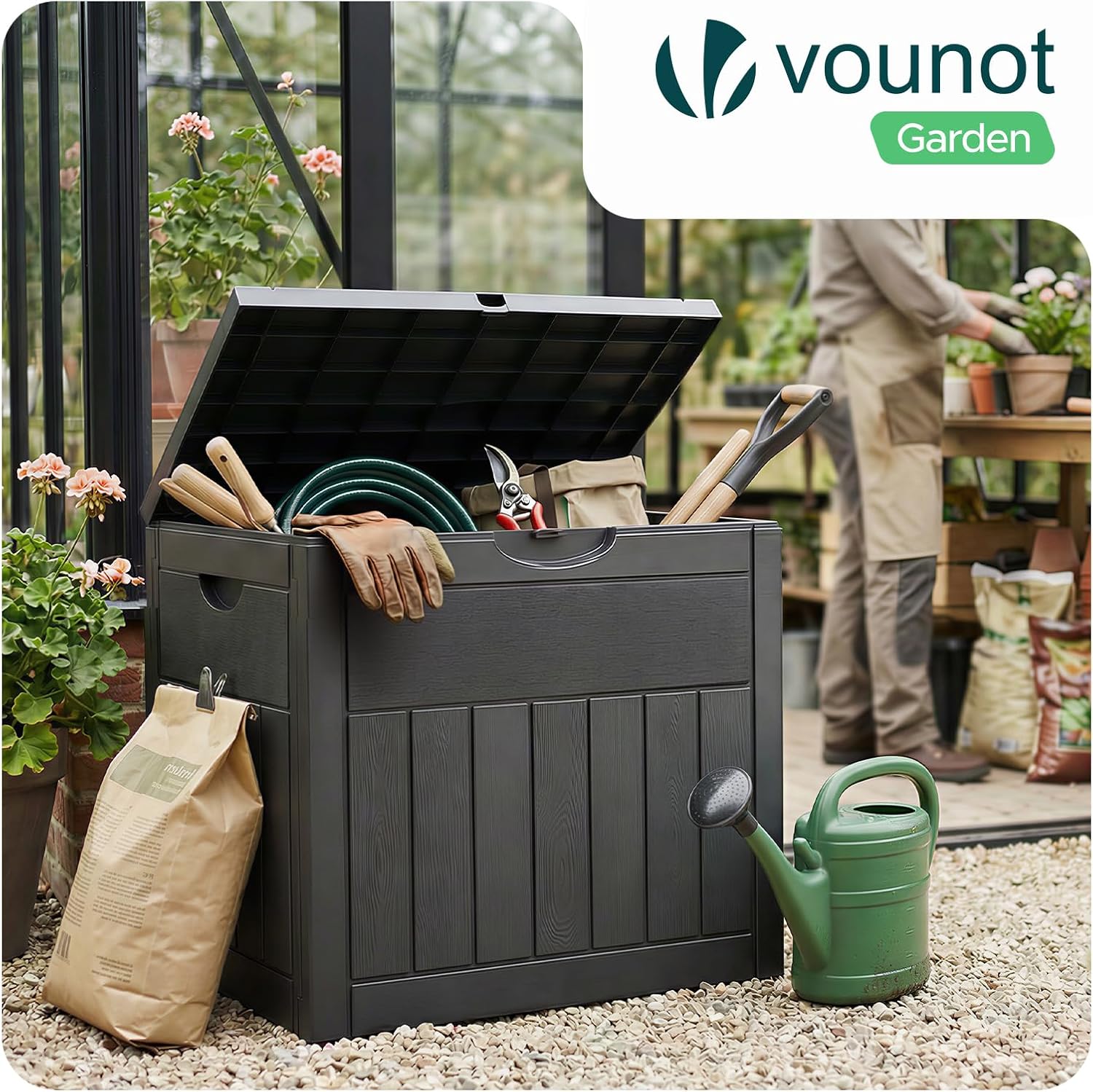  Vounot® Coffre De Rangement Extérieur 126L Boîte De Jardin Étanche Anti UV Couvercle Verrouillable Avec Poignées Encastrées 56 X 43 X 53 Cm Pour Jardin Terrasse Balcon Piscine Effet Bois Noir