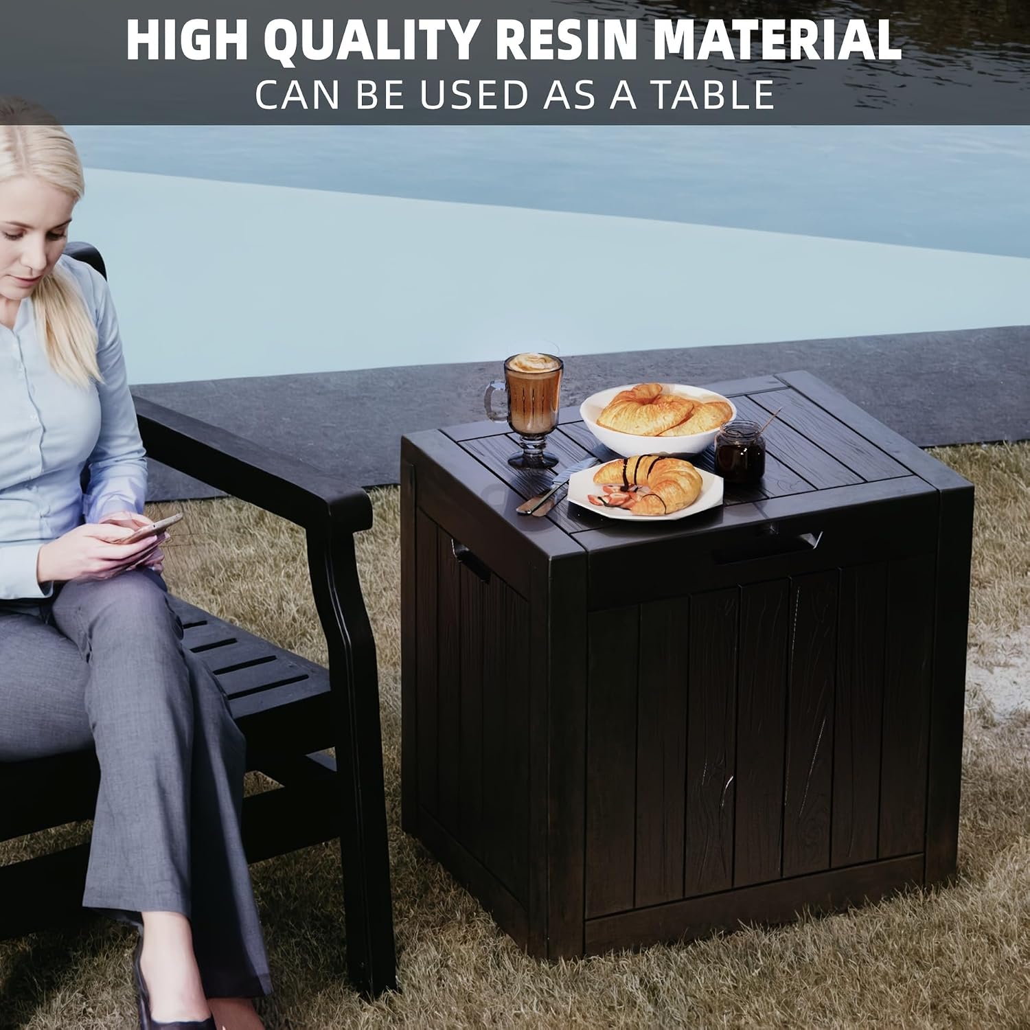 GENERIC Coffre De Rangement Extérieur De 35 Gallons, En Résine De Haute Qualité Avec Grain De Bois Réaliste, Grande Capacité Et Résistant Aux Intempéries, Facile à Installer White