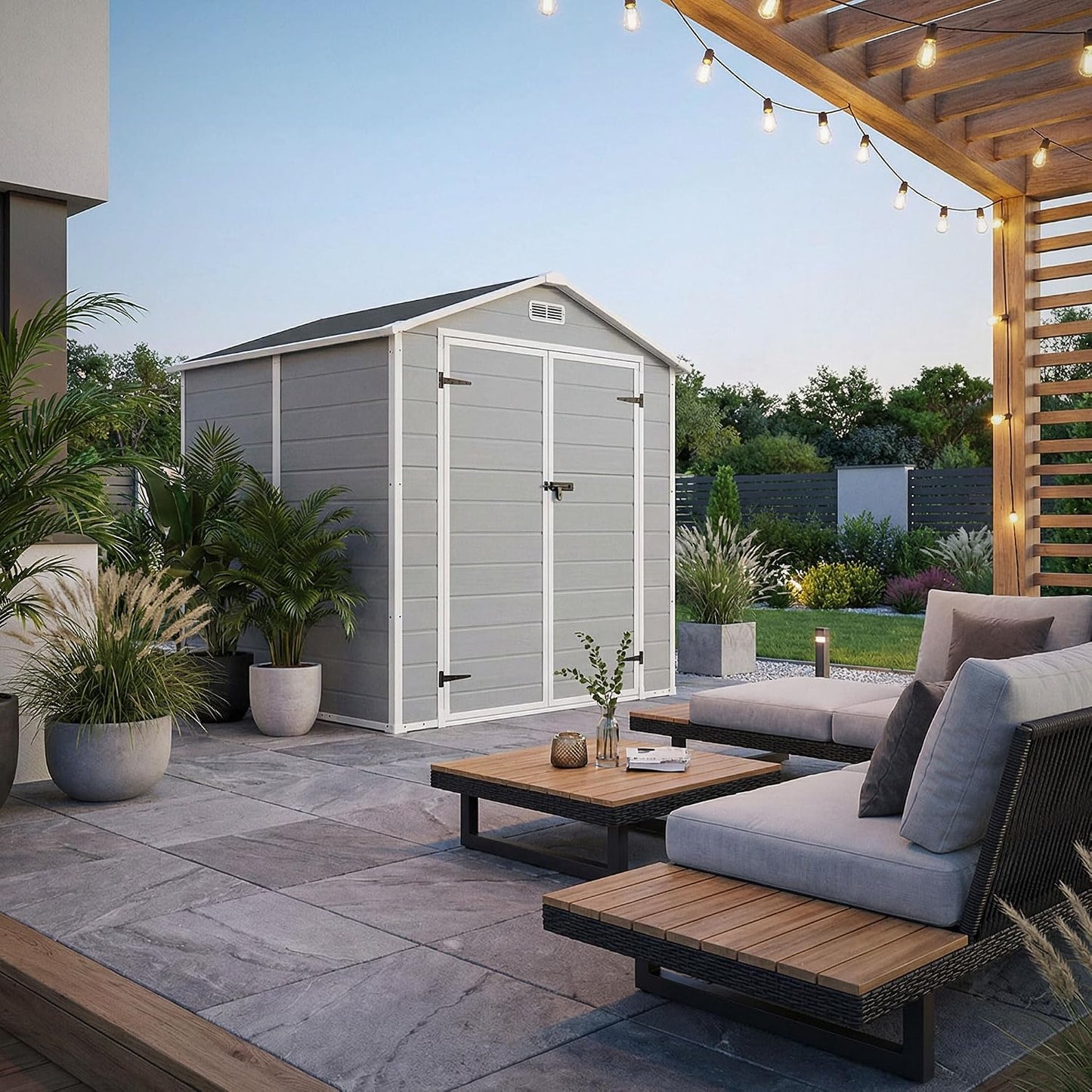  ECD Germany Abri De Jardin Avec Plancher En Résine PP 5m³ Gris Clair, Toit Double Pente, Fenêtre, Porte Double, Ventilation, Cabane De Rangement Extérieur 151x182x220 Cm, Résistant Aux Intempéries
