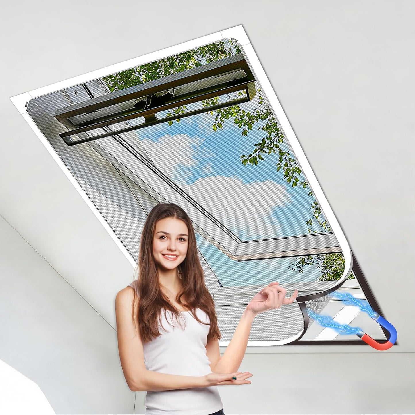  Moustiquaire Fenêtre Magnétique, 120x130 Cm En Fibre De Verre, Taille Ajustable Avec Cadre Détachable, Moustiquaire Aimantée Sans Perçage, Montage Simple, Pour Fenêtres De Toit Et Coulissantes