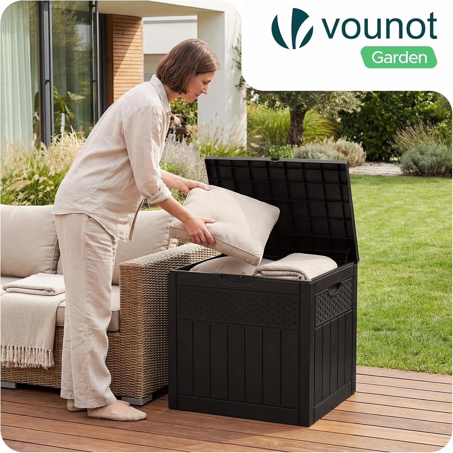  Vounot® Coffre De Rangement Extérieur 126L Boîte De Jardin Étanche Anti UV Couvercle Verrouillable Avec Poignées Encastrées 56 X 43 X 53 Cm Pour Jardin Terrasse Balcon Piscine Effet Polyrotin Marron