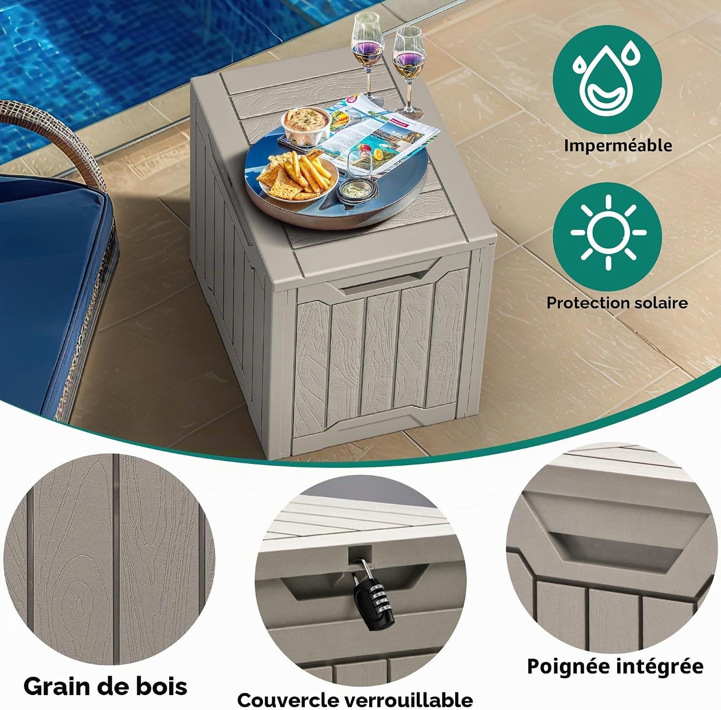  YITAHOME Boîte De Rangement D'extérieur En Résine De 100 Litres, Résistante à L'eau, Boîte De Rangement D'extérieur Pour Oreillers, Matériel De Jardin, Verrouillable En Toute Sécurité, Marron Clair