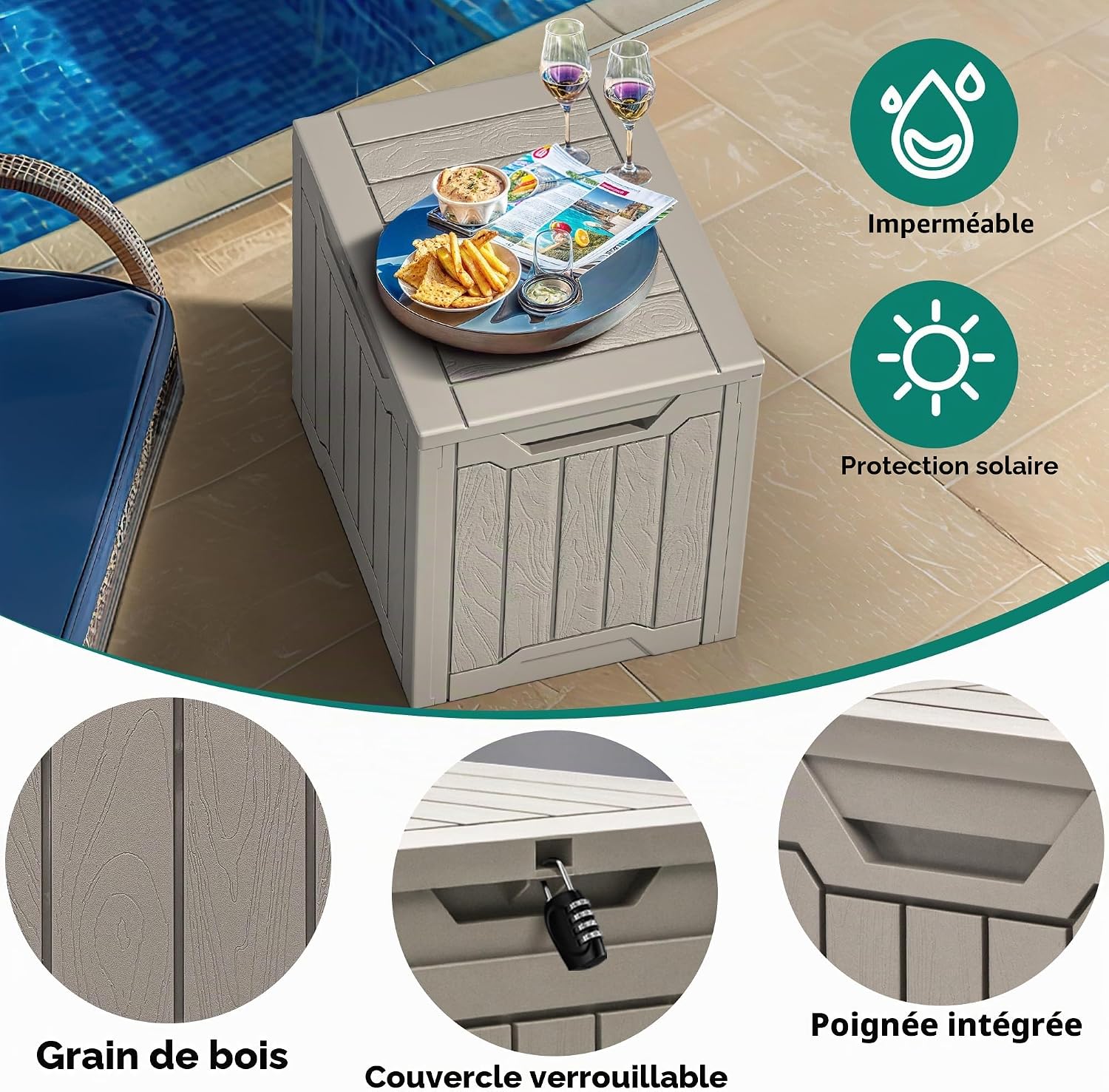  YITAHOME Boîte De Rangement D'extérieur En Résine De 100 Litres, Résistante à L'eau, Boîte De Rangement D'extérieur Pour Oreillers, Matériel De Jardin, Verrouillable En Toute Sécurité, Marron Clair