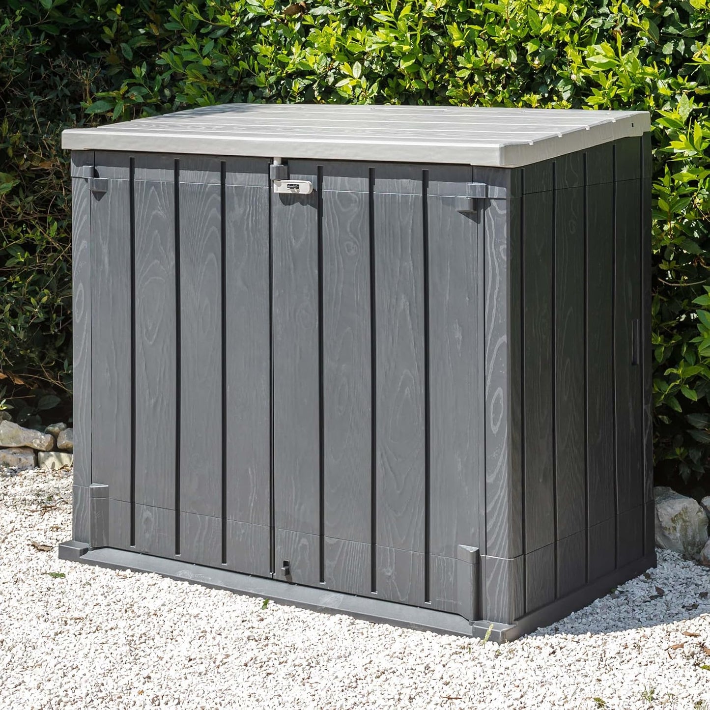  Toomax Stora Way Plus XL Coffre De Rangement Extérieur En Polypropylène Recyclé Avec Effet Bois, Couleur Anthracite/Gris Taupe