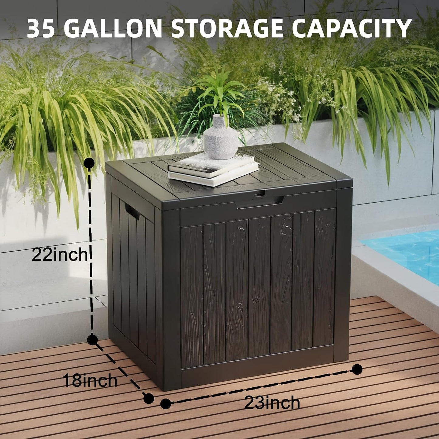 GENERIC Coffre De Rangement Extérieur De 35 Gallons, En Résine De Haute Qualité Avec Grain De Bois Réaliste, Grande Capacité Et Résistant Aux Intempéries, Facile à Installer White