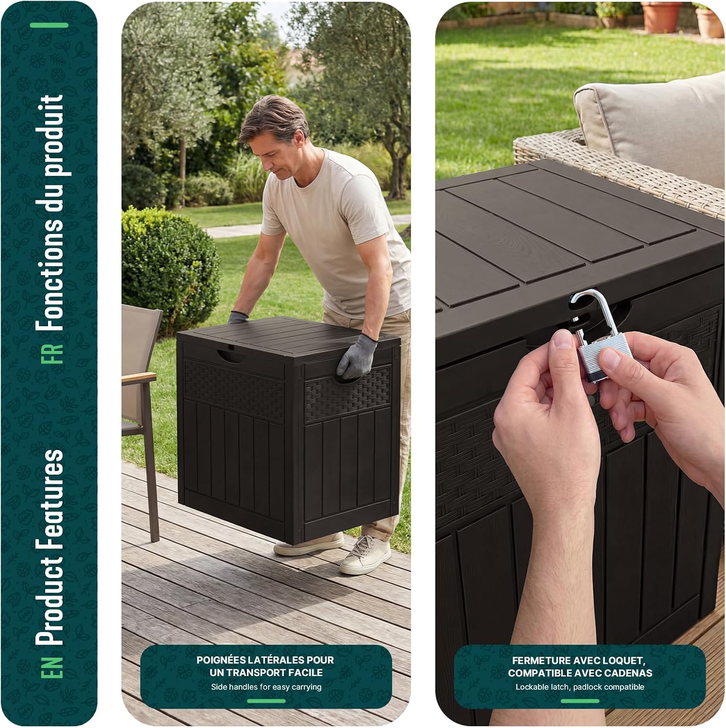  Vounot® Coffre De Rangement Extérieur 126L Boîte De Jardin Étanche Anti UV Couvercle Verrouillable Avec Poignées Encastrées 56 X 43 X 53 Cm Pour Jardin Terrasse Balcon Piscine Effet Polyrotin Marron