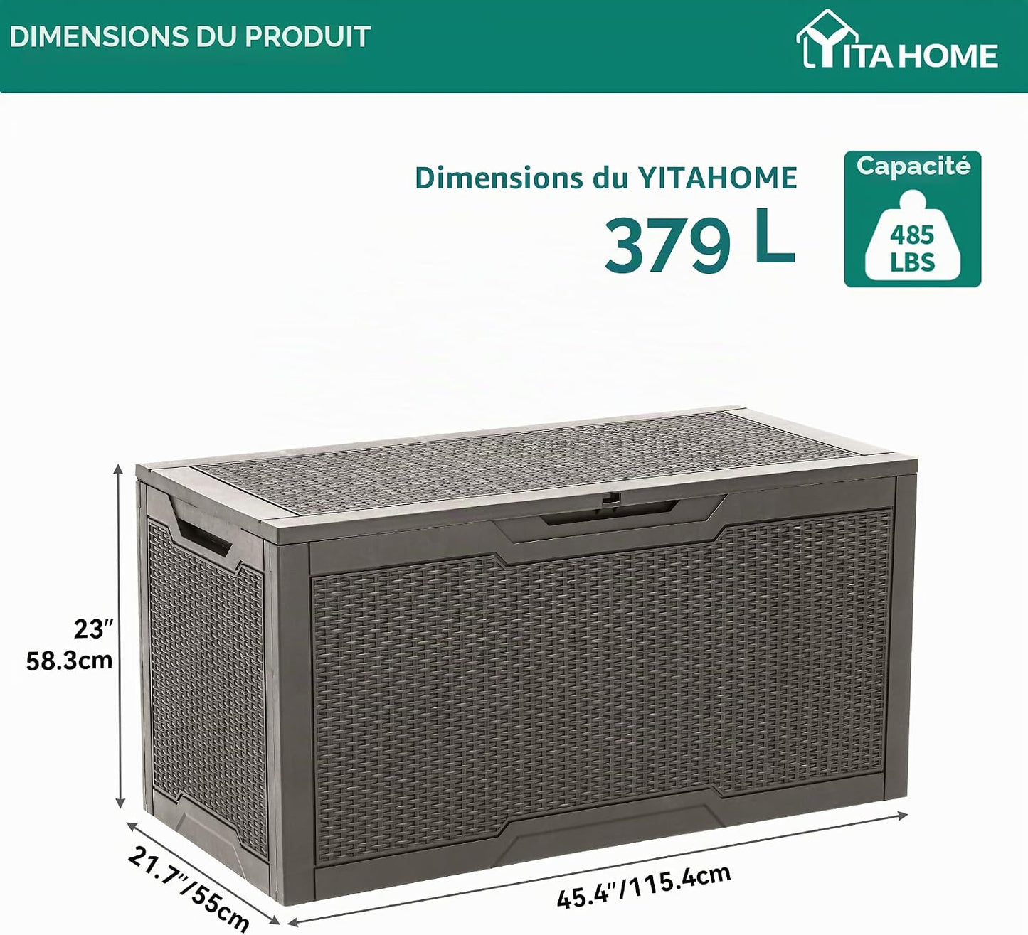  YITAHOME Boîte De Rangement En Résine De 370 Litres, Résistante Aux Intempéries, Verrouillable Pour Intérieur Et Extérieur Pour Fournitures Et Articles Essentiels, Taupe