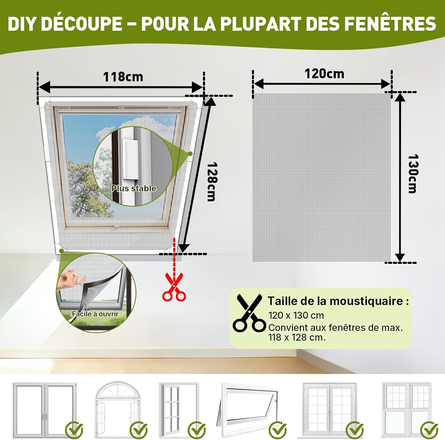  Moustiquaire Fenêtre Magnétique, 120x130 Cm En Fibre De Verre, Taille Ajustable Avec Cadre Détachable, Moustiquaire Aimantée Sans Perçage, Montage Simple, Pour Fenêtres De Toit Et Coulissantes