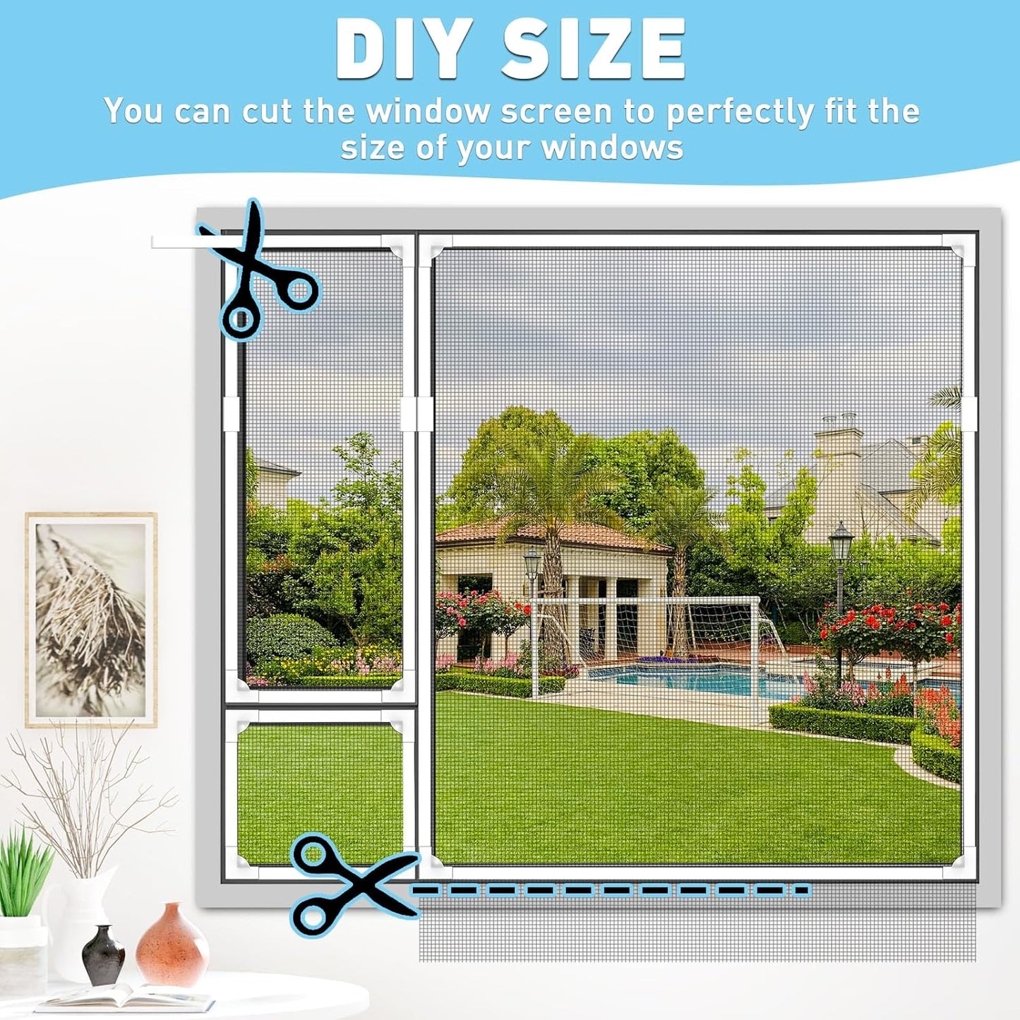  Adjustable Window Screen Replacement Magnetic Window Screen - Grey Fiberglass Mesh - No Drilling - Easy To Cut - For Sliding, Swing, Hanging On Top - Fits