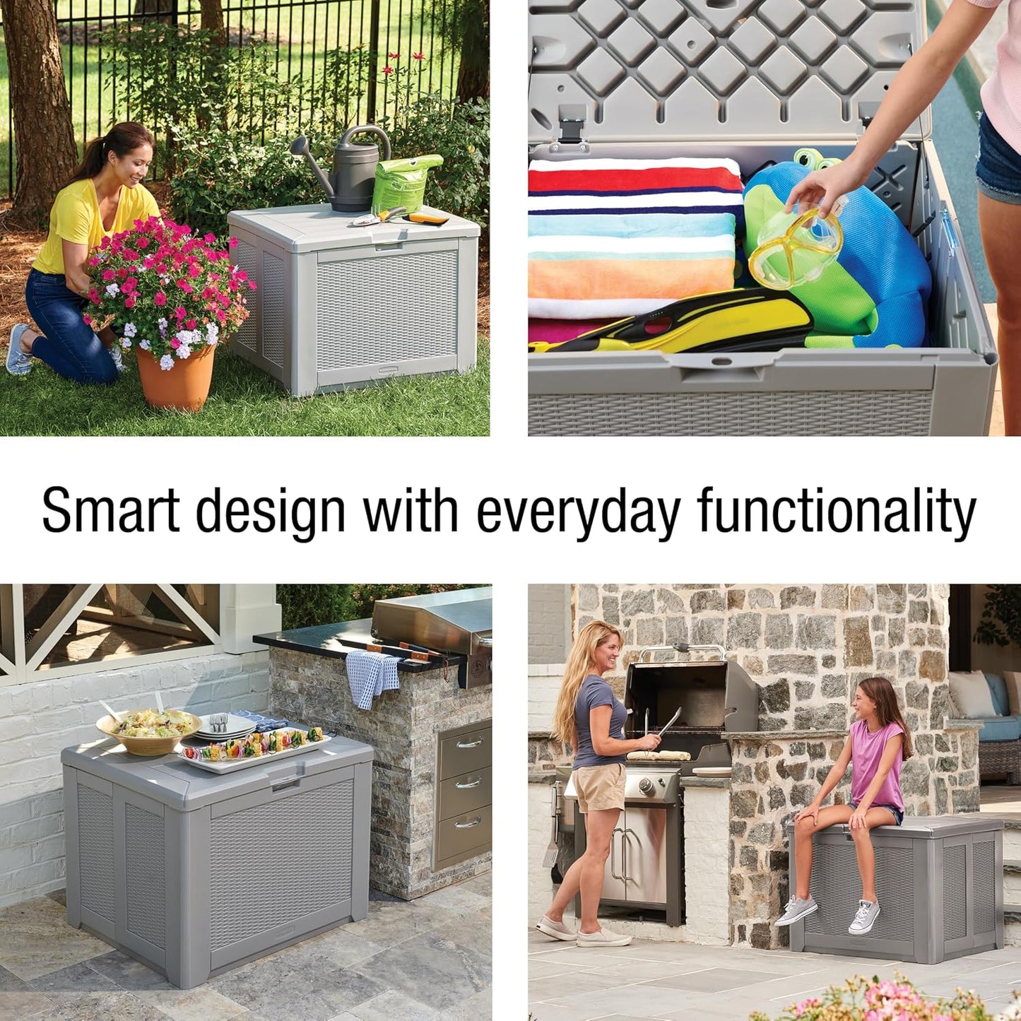  Rubbermaid Coffre De Terrasse D'extérieur Facile à Installer - Taille M - Résistant Aux Intempéries - Gris - Pour Pelouse, Jardin, Piscine, Rangement D'outils, Organisation De La Maison