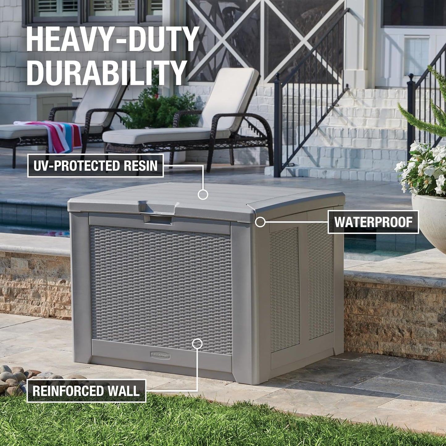  Rubbermaid Coffre De Terrasse D'extérieur Facile à Installer - Taille M - Résistant Aux Intempéries - Gris - Pour Pelouse, Jardin, Piscine, Rangement D'outils, Organisation De La Maison