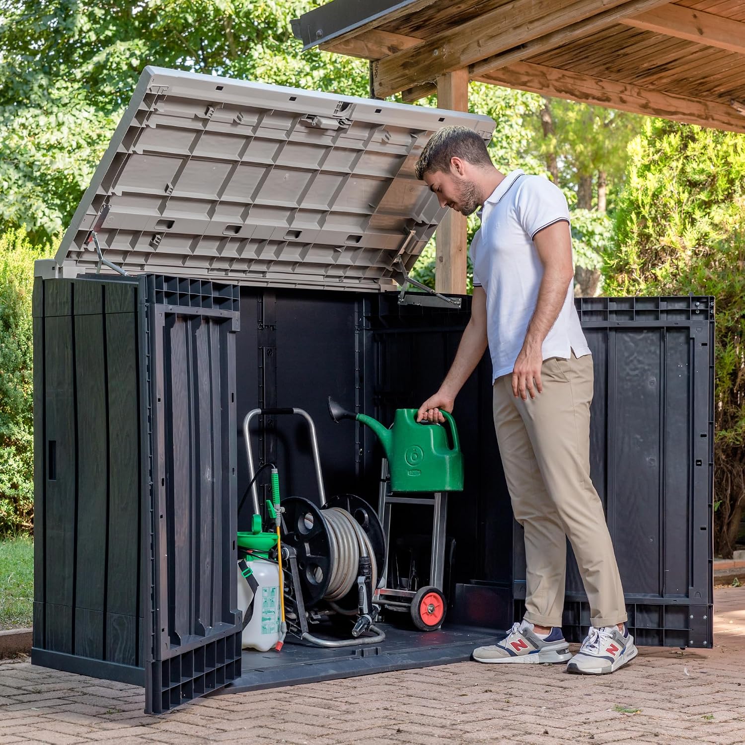 Toomax Stora Way Plus XL Coffre De Rangement Extérieur En Polypropylène Recyclé Avec Effet Bois, Couleur Anthracite/Gris Taupe
