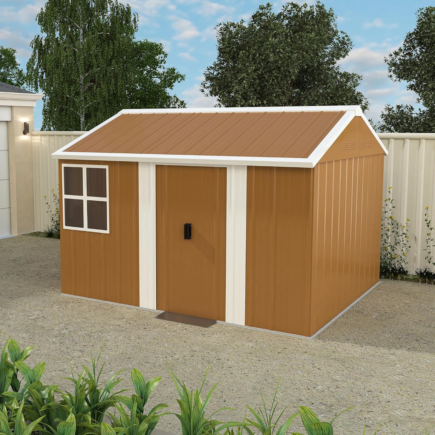  Abri De Jardin Métallique 184x116 Cm - Cabanon Extérieur Avec Fenêtre, Aération Et Porte Verrouillable, Rangement Vélos Et Outils, Sans Fondation (Brun)