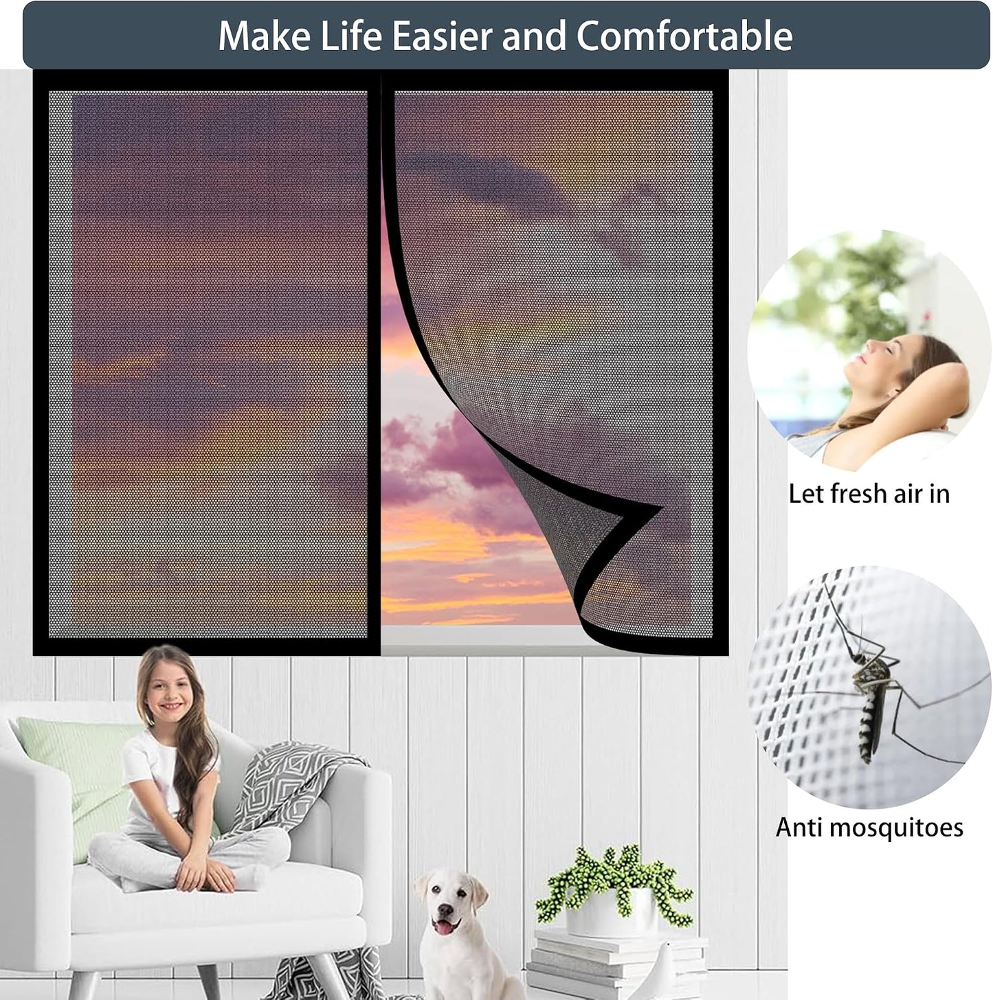  Mosquito Nets For Window 78 X 105 Cm With Magnets Mosquito Net On Curtain Breathable Ultra Thin Mesh For Window Patio Doors, Black