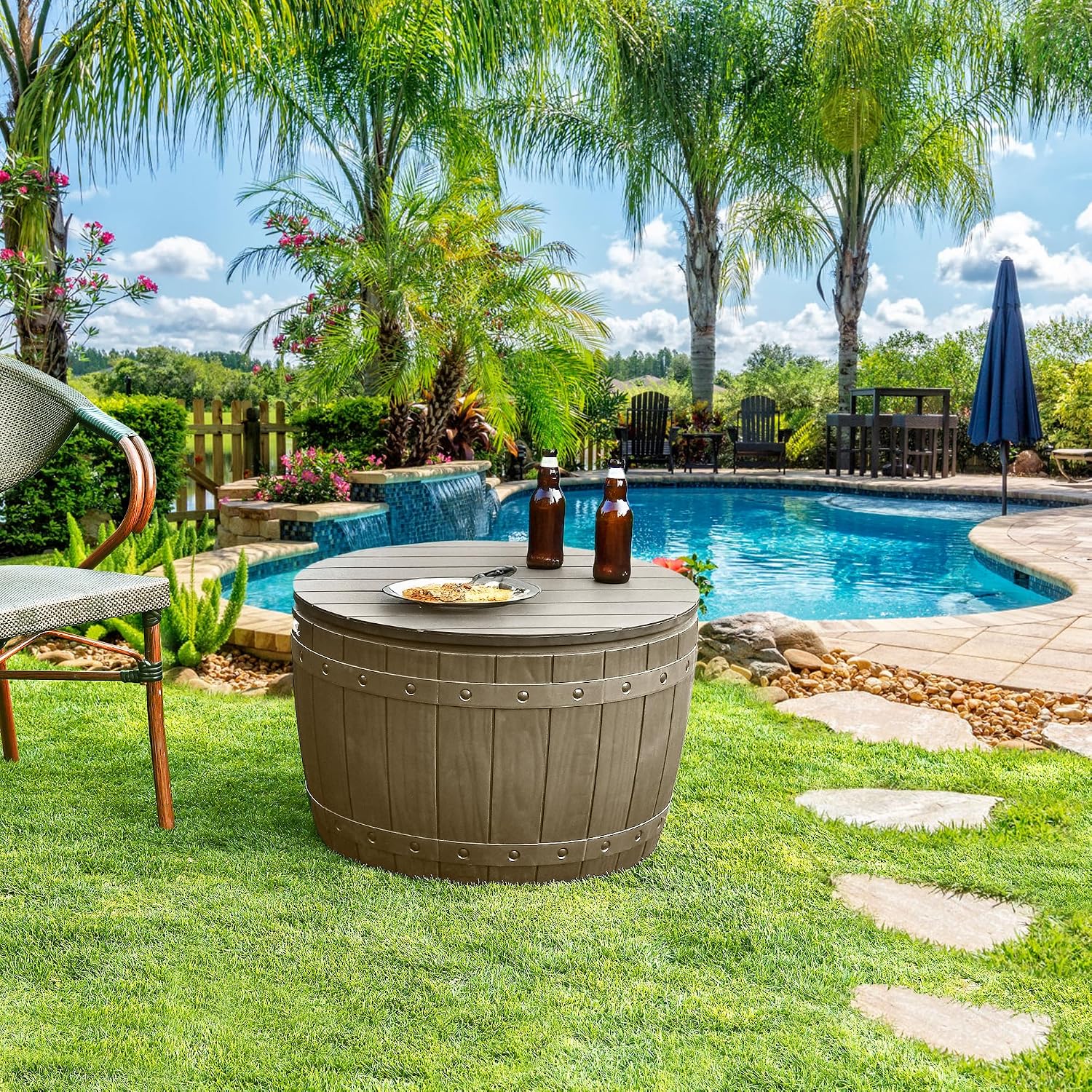  YITAHOME Coffre De Rangement Ronde De 127L, Boîte De Rangement Extérieure Pour Coussin De Table De Patio, Accessoires De Piscine, Résine Imperméable Et Montage Facile Léger, Marron Clair